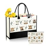 Komergave Highland Cow Stoffbeutel Handtasche Damen & Kosmetiktasche Damen Set, Tragbare Einkaufstasche Stofftasche & Reise Kosmetiktasche, Geschenk für Liebhaber von Hochlandrindern