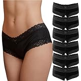 Fabio Farini 6er Pack Damen Panties Hipster mit verführerischen Spitzendetails - Frauen Unterhosen Brazilian Slips Brasil Spitze Set Unterwäsche 6X Schwarz 36-38