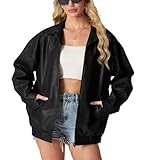 GRECERELLE Lederjacke Damen Kunstlederjacke Reverskragen Lange Ärmel Übergangsjacke Reißverschluss Bikerjacke Damen Lässig Motorrad Jacke Frauen (Schwarz,M)