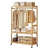 Mobiler Bambus-Kleiderständer mit Regalen, stilvoller freistehender Kleiderwagen auf Rollen, vielseitiger Kleideraufbewahrungsnizer für Zuhause und Schranklösungen