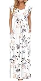 AUSELILY Damen Kurzarm Plissee Lässige Blumen Maxikleider mit Taschen Rundhalsausschnitt Freizeit Weiß Strandkleid Locker Large