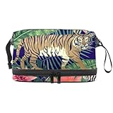 Tiger and Peacpck Feather Double Layer Cosmetic Bag for Women and Girls Travel Toiletry Bag Makeup Handy Pouch Organizer Bag with Brush Compartment, multi, 27x15x14 cm/10.6x5.9x5.5 in, Kulturbeutel