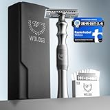 WOLOSS Rasierhobel Herren Set Grau inkl. Rasier Hobel, Öko-Lederetui und 10 Klingen, Safety Razor Men, für den Körper und die Konturen, single Klinge, Etui und langer Griff für Handrasur.