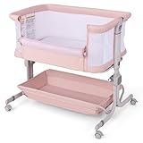 FANTASK 3 in 1 Beistellbett mit Matratze, Mobiles Baby Bett 6 Fach höhenverstellbar, tragbarer Reisebett Baby mit Aufbewahrungskorb & Tragetasche für Baby bis 6 Monaten (Rosa)