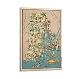 LZTEN 1930er Jahre Vintage RHODE ISLAND State Map Cartoon Druck Poster Leinwand Wandkunst Ölgemälde Deko 60 x 90 cm