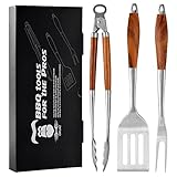 GRILAZ BBQ Grillbesteck Tool Set, 3-teilig Grillwerkzeug-Set mit Grillzange, Wender, Fleischgabel, hergestellt aus hochwertigem Edelstahl und Rosenholz Grillset Grillzubehör Geschenk für Männer