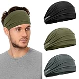 Linlook Sport Stirnband für Herren und Damen - Breit Schweißband für Fitness Joggen Laufen Radfahren Wandern Crossfit und Yoga - Hoch Dehnbar Haarband für Damen und Herren (Schwarz+Khaki+Dunkelgrau)