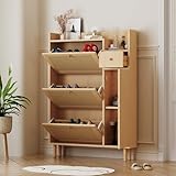 Schuhschrank B90/H125/T17 cm, schmaler Schuhschrank mit 3 Klappen und 1 Schublade, schuhkommode mit Stützbeinen und Massivholzgriffen, Flurschrank,Schuhregal geeignet für Flure und Eingänge, Holzfarbe