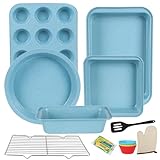 Barlket 6-teiliges Backformen-Set antihaftbeschichtet, Backformen-Set stapelbar, mit Backblech, Muffin, runde/quadratisch, Kuchenform, Kastenform, Gestell, Ofenhandschuh, Spatel für Heimbäcker, Blau