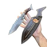 Obespina Handgefertigtes Messer Feststehende Klinge Damaststahl Fisch Lederscheide Eisenholz Außergewöhnlich Sammlerstück Custom Japanischer Stil Geschmiedet Jagd Einzigartig Handgemacht Camping Wande