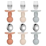 MOJINL 6 Stück Babybesteck Set Kinderbesteck Set ab 1 Jahr Edelstahl Löffel Gabel Silikon Griffe, Silikon Bär Esslernbesteck Esslernlöffel Kindergeschirr mit hält Anti-Choke-Design, BPA Frei