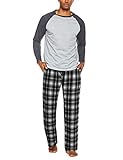 ADOME Herren Schlafanzug Zweiteiliger Lang Pyjama Set Nachtwäsche Langarm Oberteil und Karierte Schlafanzughose Sleepwear Winter Hausanzug, A-Rot+Grau, XL