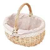 Picknickkorb aus Weide, Natural Weidenkorb mit Henkel, Handlicher Einkaufskorb aus Weide, Picknickkorb, Baumwolle Stoffbezug Picnic Basket, für Picknick-Camping im Freien, 25.5X 21X 13 cm