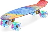 ERNAN Skateboard mit LED Rollen, Skate Tool und ABEC 7 Lager - Kinder Erwachsene Anfänger (Rainbow)