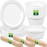 HOMURG Einweggeschirr Set mit Pappteller und Pappschüssel und Besteckset für 30 Personen, Essteller + Schüssel + Holzbesteck Set Einweg 150 Stück, Geschirrset und Tellerset mit Papierschalen für Party
