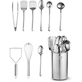 Küchenutensilien-Set – 10 Teile aus Edelstahl mit Löffeln, Schneebesen, Spatel, Zange, Schöpflöffel, Zerkleinerer und Ständer, Zubehör