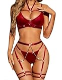 RSLOVE Damen Dessous Set mit Strapse - Sexy Unterwäsche BHS und Slips Reizwäsche 6-Teilig Rot L