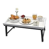 Relaxdays Betttablett, Bambus, HxBxT: 20 x 50 x 30 cm, Serviertablett mit Füßen, Griffe, Frühstück im Bett, weiß/grau