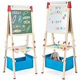 COSTWAY 3 in 1 Staffelei Kinder, doppelseitige Kindertafel höhenverstellbar mit Whiteboard & Kreidetafel, Standtafel inkl. Papierrolle, Zahlen, Kreiden & Farbstift, für Kinder ab 3 Jahren