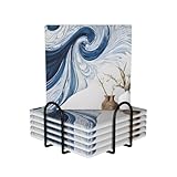 Keramik-Getränkeuntersetzer, 6er-Set, mit Halter, saugfähige, rutschfeste Untersetzer, Tassen-, Kaffee-Untersetzer mit Korkboden für Terrasse, Büro, Garten, Bauernhaus-Tisch – Marmorwandbild