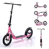 GHBXJX 290mm Cityroller Scooter BigWheel mit Handbremse und Bremse - Höhenjustierbarer & Zusammenklappbarer Roller mit Ständer - Sportlicher Kinder, & Erwachsenenroller für bis zu 150kg,Rosa