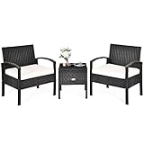 GIANTEX Balkonmöbel Kleiner Balkon, Rattan Gartenmöbel Set 2 Stühlen mit Tisch, Gartentisch mit Stauraum, Rattan Balkonmöbel Set Balkon 2 Personen, Terrassenmöbel Outdoor Sitzgruppe, inkl. Kissen