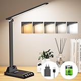 Schreibtischlampe LED Dimmbar - Tischlampe Kabellose mit 2500 mAh Wiederaufladbarem Akku, 5 Farben und 10 Helligkeitsstufen, USB Ladeanschluss, Bürolampe LED Schreibtischlampe für Kinder Büro, Schwarz