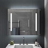 Smart Anti-Beschlag-LED-Badezimmer-Spiegelschrank mit Zeitanzeige, dreifarbige Lichtaufbewahrung und Papierloch, Wandmontage, Kosmetikspiegelschrank mit Beleuchtung und Stauraum
