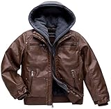 Jungen Kunstlederjacke Winddicht Warm Wintermantel Kinder Bomber Oberbekleidung Wasserdicht PU Motorradjacke, Kaffeesamt gefüttert, 18-20