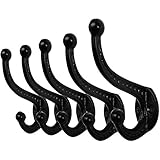 WEBI Kleiderhaken Wand Gusseisen,Garderobenhaken Vintage,Metall Wandhaken Rustikal,Mantelhaken,Huthaken,Doppelhaken für Mantel,Jacken,Hut,Schwarz,5 Stück