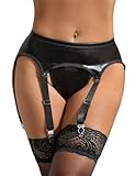 ohyeahlady Sexy Straps Set Leder Strumpfhalter Clips mit 6 Strapsen Damen Wetlook Breit Strapsgürtel Sexy Dessous Set Große Größen Unterwäsche Frauen Strapsen Halter Strumpfgürtel Schwarz,L