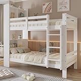Oslghy Etagenbett Kinderbett 90x200 cm, Hochbett Bett mit Stauraum Regalen und Rechtwinkliger Leiter, Modern Doppelbett Bettgestell für 2 Kinder mit Rausfallschutz und Lattenrost, Weiß, Ohne Matratze