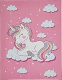 andiamo Kinderteppich Mädchen, Polyamid, Teppich Kinderzimmer, Motiv mit Prinzessin & Einhorn, gekettelt, flach, geeignet als Deko und Spielunterlage, Farbe:Pink, Größe:80 x 150 cm