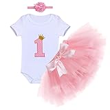 IMEKIS Mädchen 1. Geburtstag Kostüm Kurzarm Krone Strampler Tutu Stirnband Outfit Prinzessin Bowknot Tüll Kleid Baby Kleinkind Hochzeit Festlich Party Sommer Kleidung Set Rosa 1 Jahr