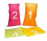 Sackhüpfen, 4 Hüpfsäcke in leuchtenden Farben mit Start-Nummer, 2 Bänder für Start- und Ziellinie, Größe pro Sack (HxB) ca. 69 x 46 cm