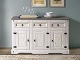 SAM Sideboard Mexico, Pinienholz massiv, weiß lasiert, Kommode mit 3 Türen & 3 Schubladen, Schwarze Metallgriffe, graue Deckplatte