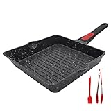 AIKENBBKK Grillpfanne 24x 24 cm mit Abnehmbarer Griff, Aluminium Steakpfanne Antihaft Beschichtung Pfanne, Spülmaschinen geeignet & Backofenfest (Schwarz)