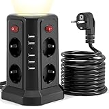 Colstar Steckdosenturm mit 12 AC-Steckdosen, 6 USB-Anschlüssen, Überspannungsschutz, 1,8m Kabel, Schwarz, Rechteckig, Kunststoff, für Zuhause und Büro