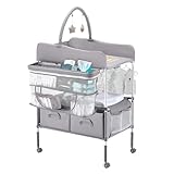 VEVOR Wickeltisch Faltbare Wickelstation mit 2 Stoffschubladen & Seitenkorb & Kleiderstange, höhenverstellbarer tragbarer Wickelkombi mit feststellbaren Rädern und 2 Sternspielzeugen, hellgrau