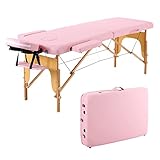 Panana Massageliege 2 Zonen Mobile Massagetisch Klappbar Tragebares Massagebett höhenverstellbar aus Holz Massagebank mit Kopfstütze & Armlehnen & Tasche 213 × 82 x 81 cm (Hellrosa)