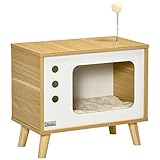 PawHut Katzenhaus, Katzenhütte im TV Design mit Spielball, Katzenbett mit Kissen, Katzenkorb, Eiche+Beige+Weiß, 50 x 28 x 43 cm