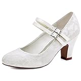 Elegantpark HC1701 Mary Jane Block Absatz Pumps Geschlossene Zehen Lace Satin Brautschuhe Ivory Gr.42