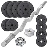 MAXXIVA® Curl-Set 120 cm mit 35 kg 10 Gewichte Zementfüllung Krafttraining Zugstange silber verchromt Bodybuilding Fitness Federverschlüsse Gewichtheben