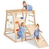 Giant bean Indoor Klettergerüst ab 3 Jahre 7 in 1 Montessori Klettergerüst Großes aus Holz mit Rutsche, Holz Kletterturm mit Leiter und Rutschbahn für Kinder, S (1-3 Jungle Gym)