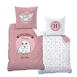 Bettwäsche 135x200 Flanell, Biber Harry Potter Eule Hedwig, kuschelig weich für Herbst & Winter, Kissenbezug 80x80 + Bettbezug 135x200, 100% Baumwolle, Hogwarts in Rosa