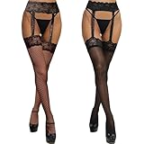 2 Paar Netz Strapsstrümpfe Damen Schwarz, Strumpfhosen mit Floral Spitze, Schenkelhohe Strümpfe Strumpfhosen, Offen im Schritt Strümpfe, Sexy Elastisch Hohe Taille Strumpfhosen, Nachtwäsche Party