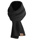 YESWEL Schal Herren & Damen, Dicker Warmer Winterschal für Männer, Klassische Waffelstrickschal, Langschal mit echter Leder Veredelung, 175 x 28 cm (Schwarz)