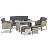 Juskys Polyrattan Gartenmöbel Sitzgruppe Turin Set 6 teilig - 7 Personen - Outdoor Möbel mit Sessel, Hocker, Tisch & Kissen - Garten Loungemöbel Grau