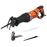 BLACK+DECKER Säbelsäge Elektrisch 750 W (20 mm Hublänge, Universalsäge mit beweglichen Sägeschuh & Astklemme, für schnelle Schnitte in Holz, Metall, inkl. 1 Holz- & 1 Metall-Sägeblatt) BES301