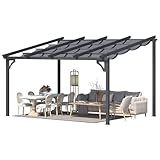 UNIONLINE 4x3m Gartenpavillon, Aufrollbarer Pergola mit Verstellbarer Sonnenschutzplane, Wandmontierter Leaning-to Metallpavillon für Terrasse, Schwarz, Polyester-Dach